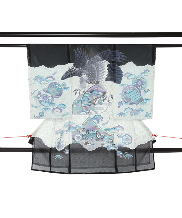 お宮参り産着｜黒に鷹や扇　ポリエステル