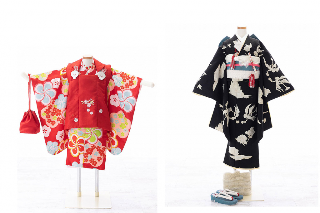 七五三(三歳)着物レンタル|ねじり梅の赤着物×赤被布|W-G-3-52七五三(七歳)着物レンタル | 【Modern Antenna】黒に天使とお城柄着物×青碧作り帯 | W-G-7-5