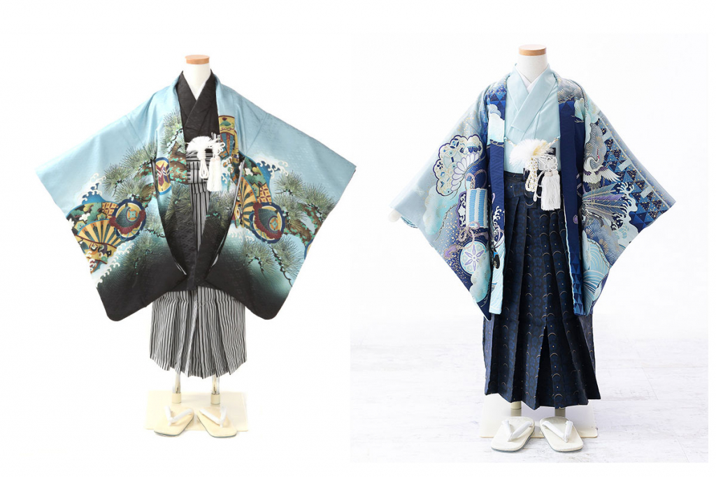 七五三(五歳)レンタル|兜に波頭柄羽織 黒着物×黒縞袴七五三(五歳)レンタル|【乙葉】兜に源氏車柄羽織 水色着物×紺袴