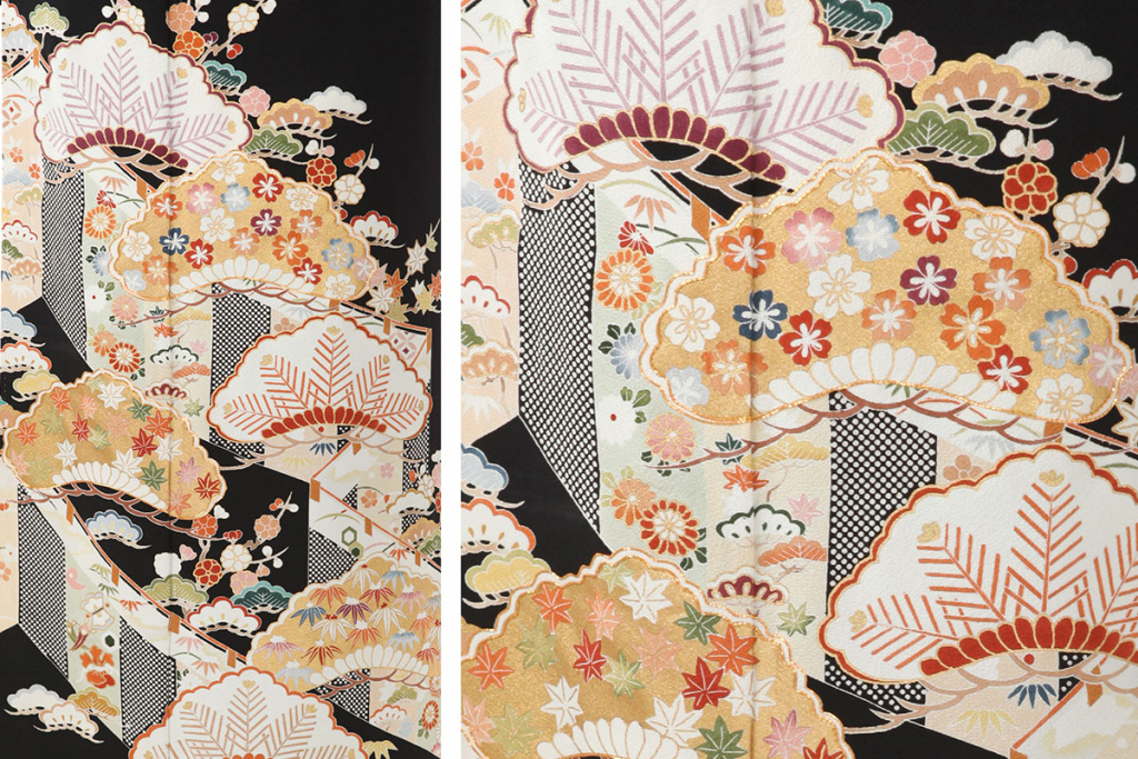 幔幕に松や桜、楓など四季の花が描かれた文様