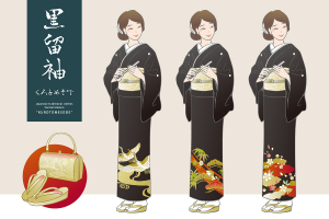 五つ紋の入った黒留袖を着た女性のイラスト