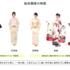 絵羽模様の着物　黒留袖と色留袖と訪問着と振袖と色打掛を着た女性