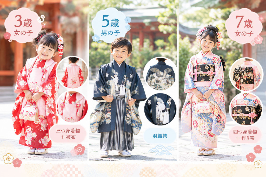 3歳は「三つ身」の着物5歳は「羽織袴」の着物7歳は「四つ身」の着物