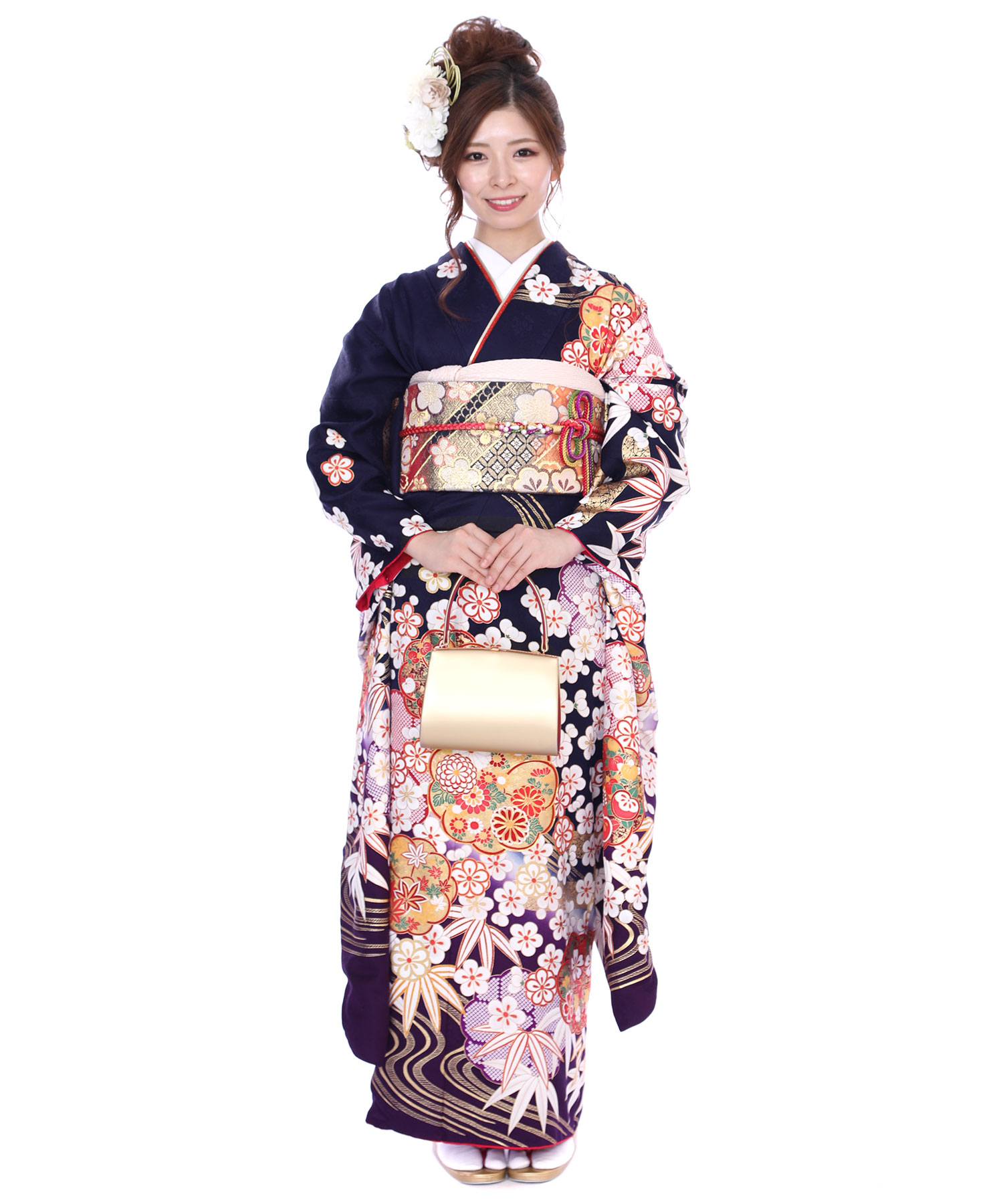 振袖｜紺地に菊と橘に笹｜F0293｜LL