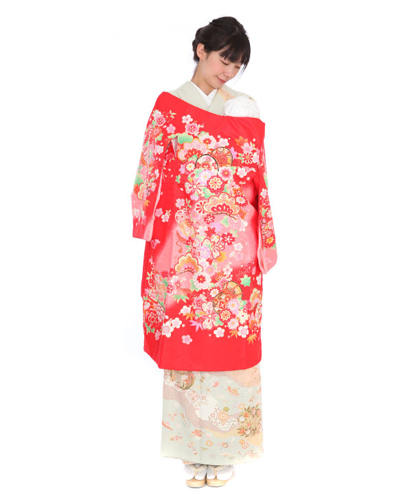 お宮参り産着｜赤地に鼓と松竹梅｜U0125 女の子