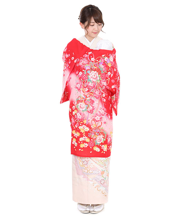 【夏用・7・8月向け】お宮参り産着｜赤地に牡丹と熨斗目｜U0071 女の子