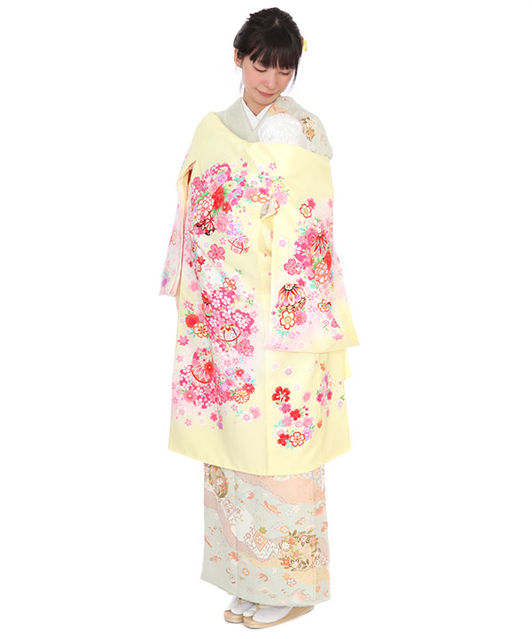 お宮参り産着｜薄い黄色地に花車や鞠｜U0127 女の子