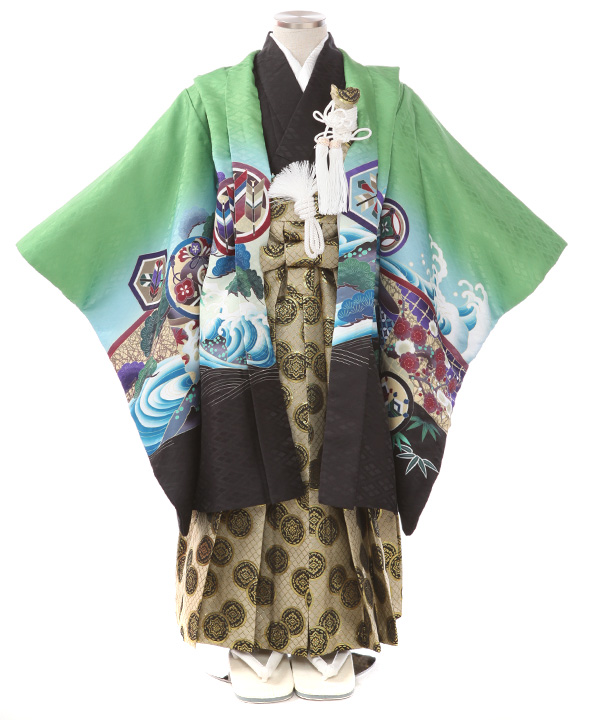 七五三(五歳)|鷹柄緑羽織 黒着物×ベージュ袴|W-B-5-106