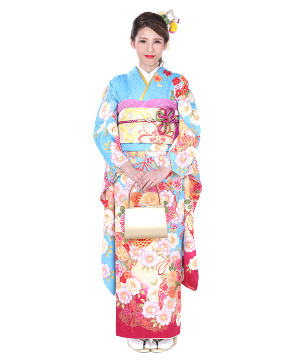 振袖|水色に雪輪丸菊桜|F0218|S|ヒップ92cmまで