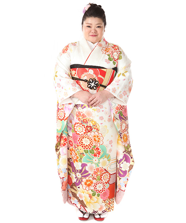 振袖｜大きいサイズ ヒップ120まで｜白に捻梅と熨斗｜F0344 6L