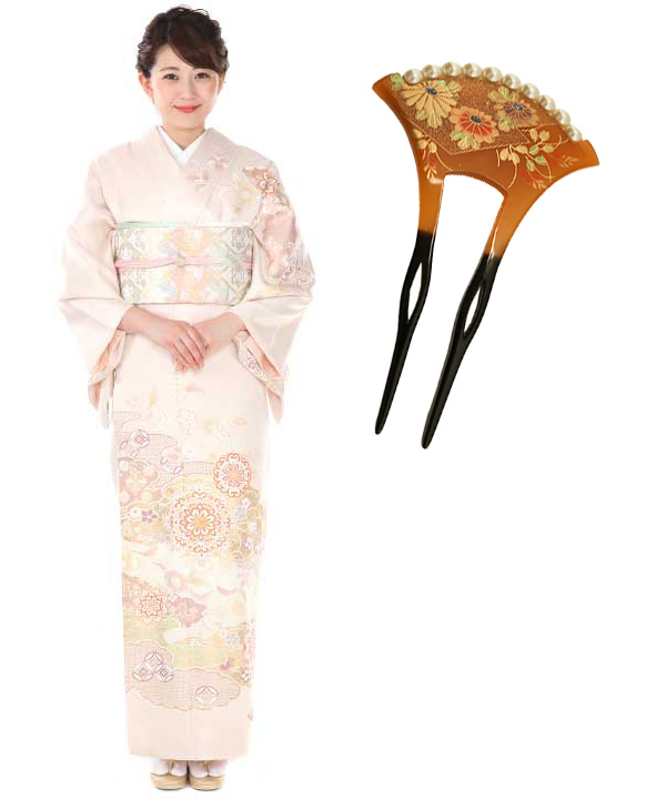 訪問着｜ピンクに雲取り花紋｜H0175｜LL,髪飾り｜かんざし バチ型 べっ甲 パール付き 菊｜KZ0081 ※単品レンタル不可※