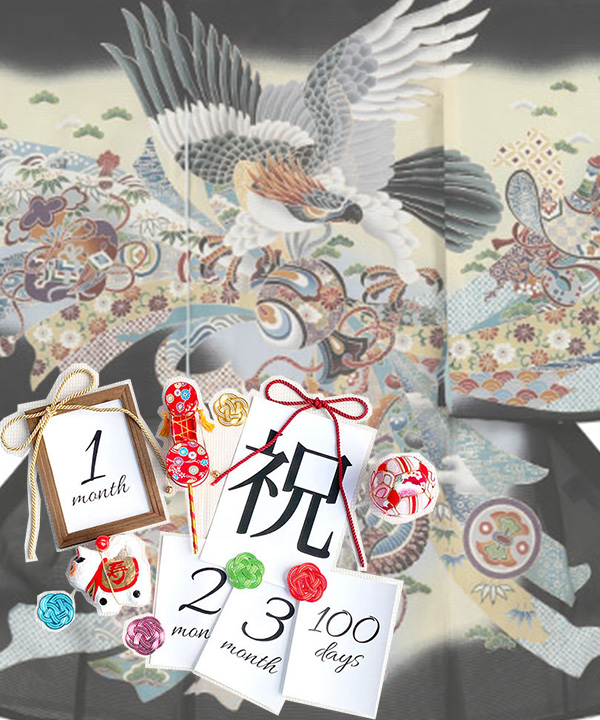 【夏用・7・8月向け】お宮参り産着|黒地に鷹と束ね熨斗|U0235 男の子