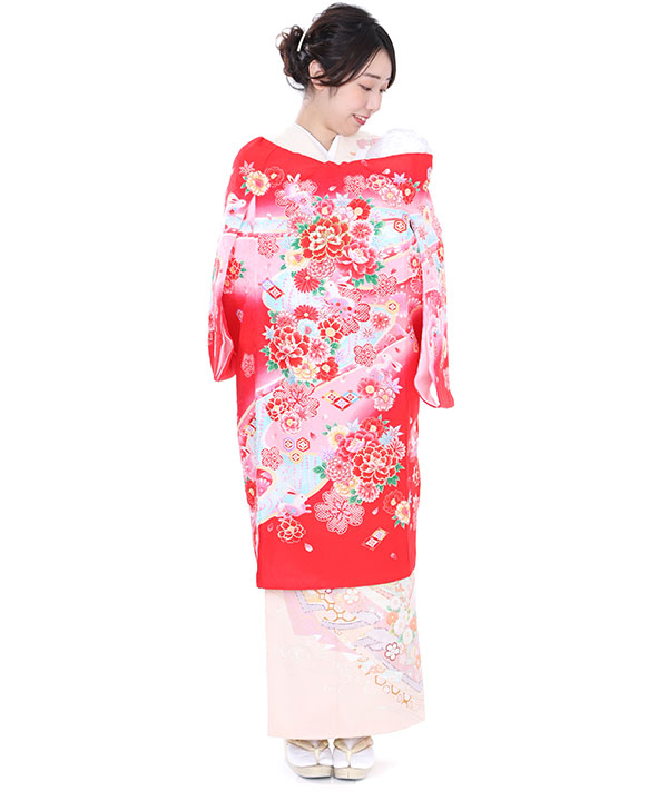 お宮参り産着｜赤地に牡丹と兎｜U0044 女の子