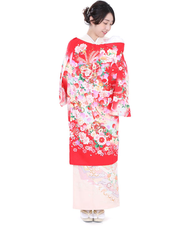 お宮参り産着｜赤地に牡丹と熨斗目｜U0040 女の子