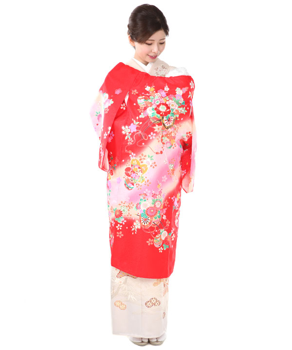 お宮参り産着｜赤地に花車や桜｜U0141 女の子