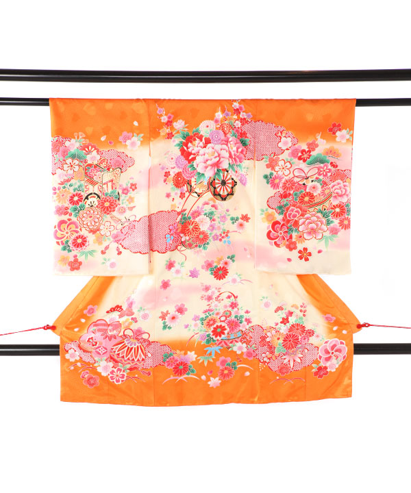 お宮参り産着｜オレンジに花車｜U0170 女の子