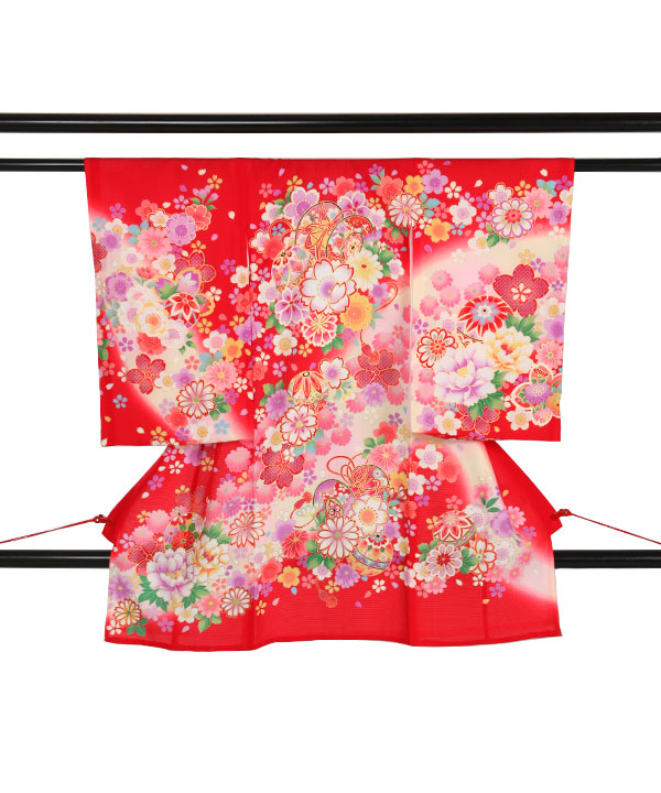 【夏用・7・8月向け】お宮参り産着｜赤地に鞠と鼓に花模様｜U0242 女の子
