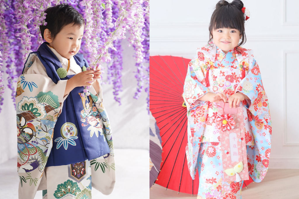 被布着物を着た三歳男の子と女の子