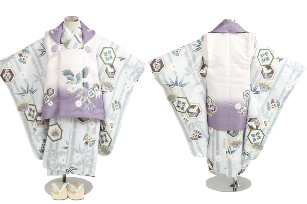 七五三(三歳)|吉祥文様柄の薄グレー着物×鷹柄白被布|W-B-3-134