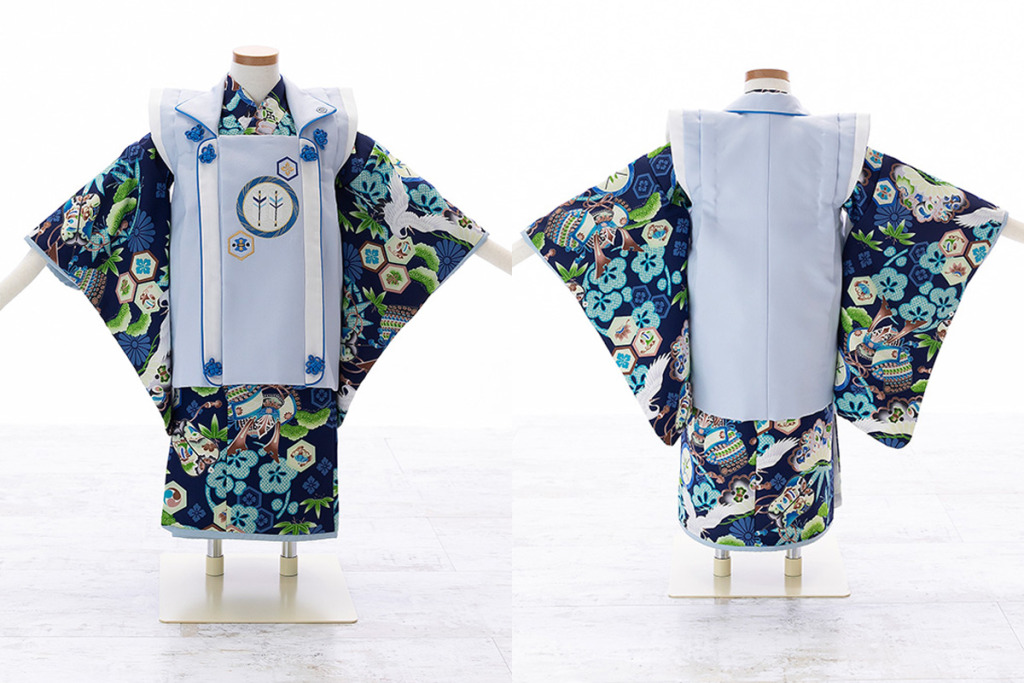 七五三(三歳)|【乙葉】吉祥文様柄の紺着物×水色被布|W-B-3-30