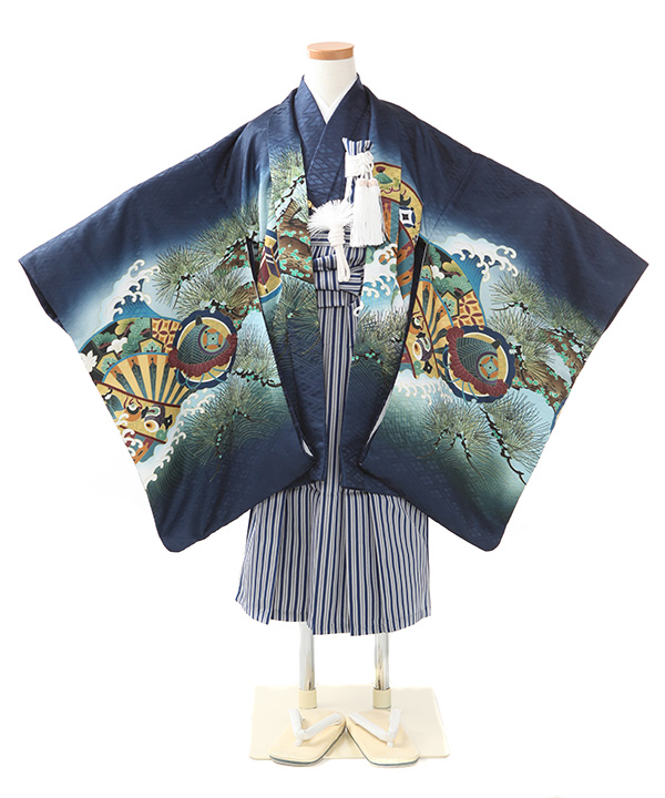 七五三(五歳)|兜に波頭柄羽織 紺着物×紺縞袴|W-B-5-74