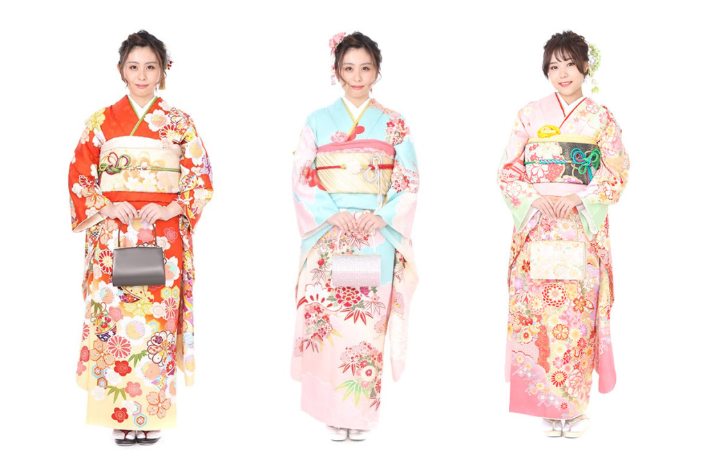 振袖｜ピンク地に貝桶｜F0258｜LL振袖｜オレンジ地に吉祥文様｜F0291｜S振袖｜水色地に松竹梅と雲取り｜F0288｜S