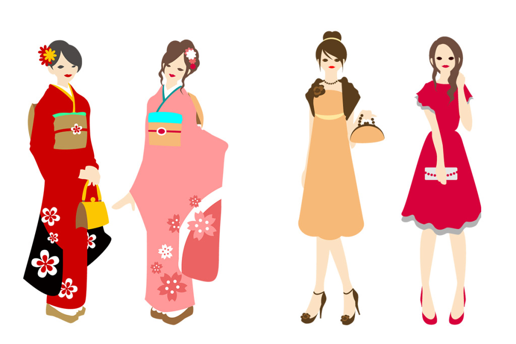 振袖を着た女性とパーティドレスを着た女性