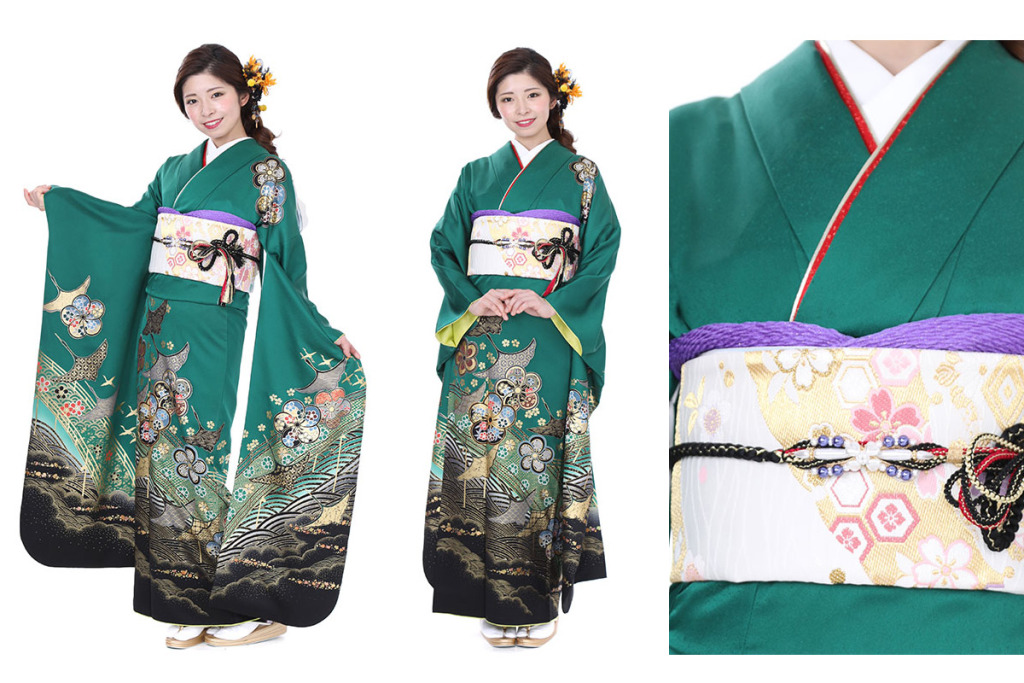 振袖｜緑に鶴と青海波｜F0030 L