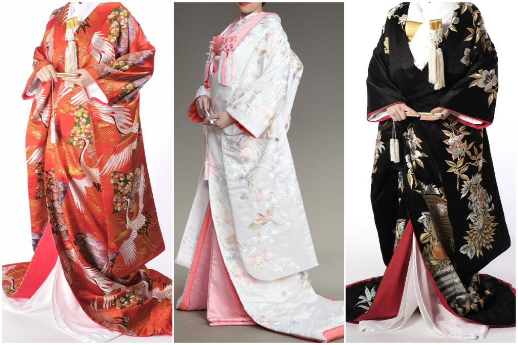 オレンジの打掛を着た女性と白い打掛を着た女性と黒い打掛を着た女性