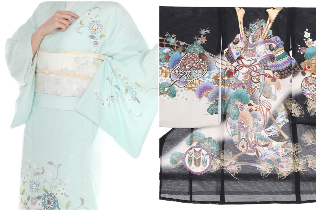 【夏用・7・8月向け】お宮参り産着｜黒地に兜と御所車｜U0085 男の子、【夏用・7・8月向け】訪問着(絽)｜薄水色に唐花｜H0220｜M