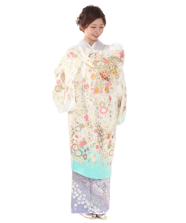 お宮参り産着|白地に水色 鞠や桜 金彩金駒刺繍|U0162 女の子