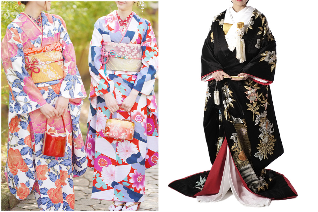 派手な振袖を着た女性と黒い色打掛を着た花嫁