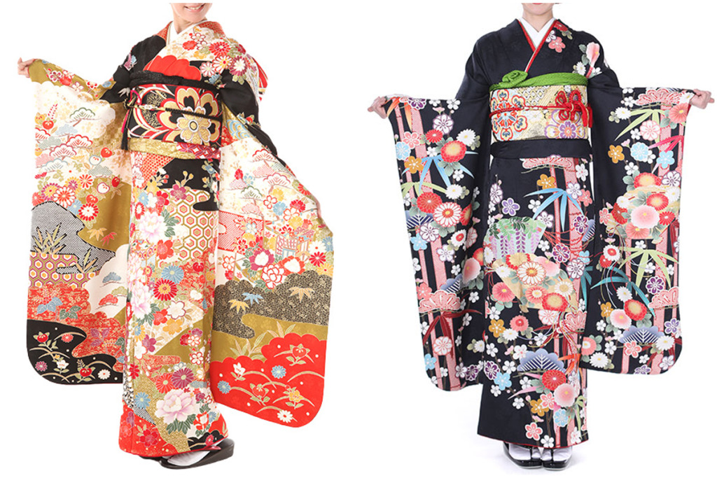 振袖｜黒地に扇松竹梅｜F0137 L 振袖｜吉祥文様に御所車と貝桶｜F0391｜3L