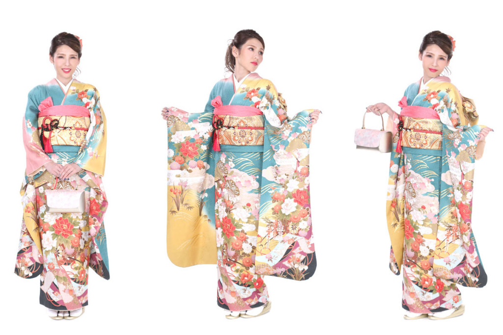 振袖｜青緑に雲取り花車｜F0210｜S｜ヒップ92cmまで