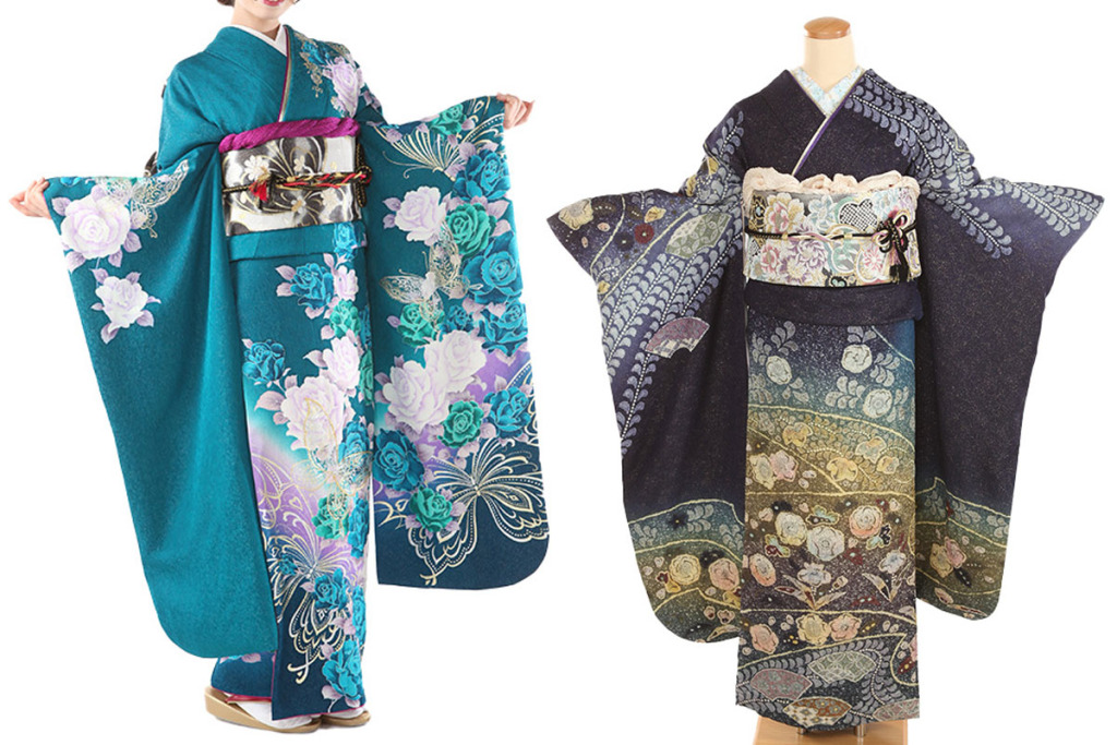 振袖｜青緑色に蝶と薔薇｜F0390｜3L振袖｜ 紺に辻が花 刺繍半衿付き長襦袢付き｜F0463｜ LL