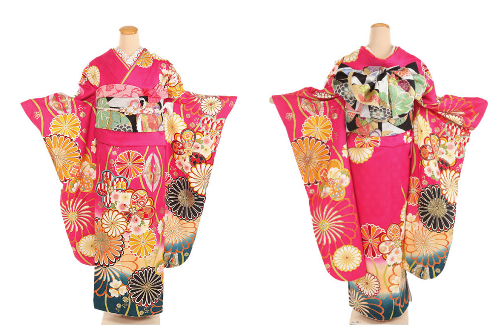 振袖｜ピンクに菊 向鶴 刺繍半衿付き長襦袢付き｜F0464｜L