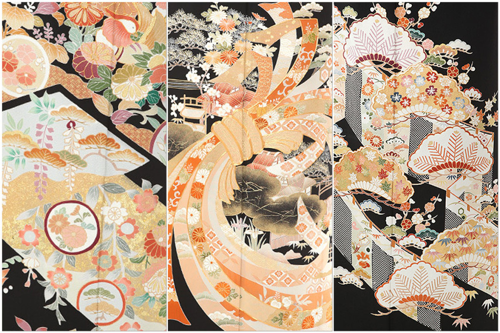 黒留袖｜島善織物 四季の花と鴛鴦｜T0048｜M黒留袖｜千總 「繋がり」｜T0056｜S黒留袖｜島善織物 幔幕に松竹梅｜T0049｜M