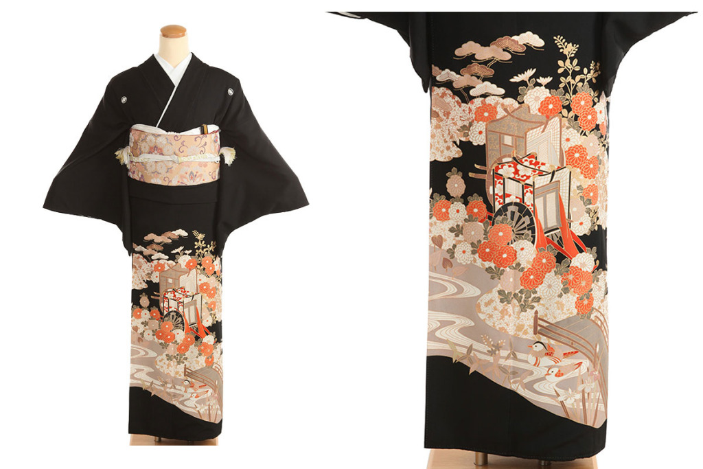 黒留袖｜御所車に鴛鴦｜T0017｜L