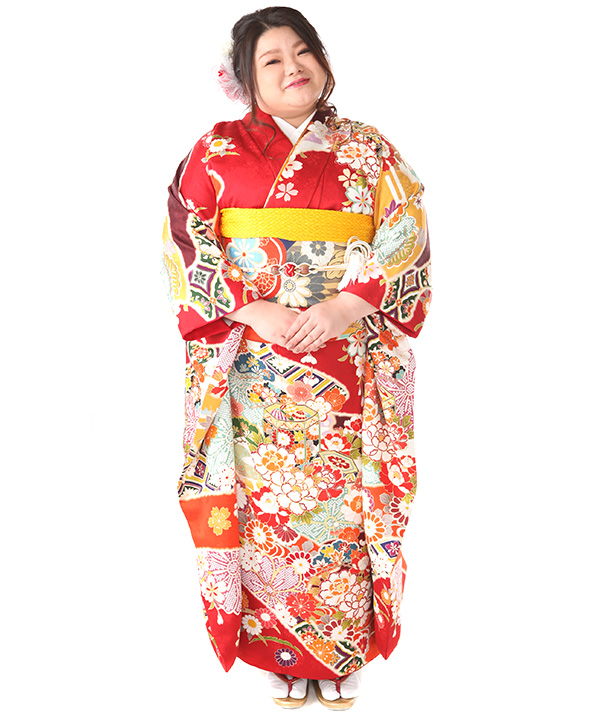 振袖｜大きいワイドサイズ ヒップ120まで｜赤に貝桶｜F0346 6L
