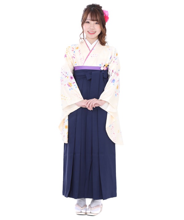 卒業式袴｜クリームに辻が花二尺袖着物×紺無地袴｜S0023 F