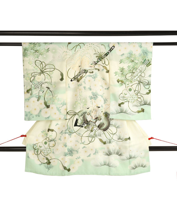 お宮参り産着|【華徒然】 パステルグリーン地に鷹 兜 菊 ブランド|U0214 男の子