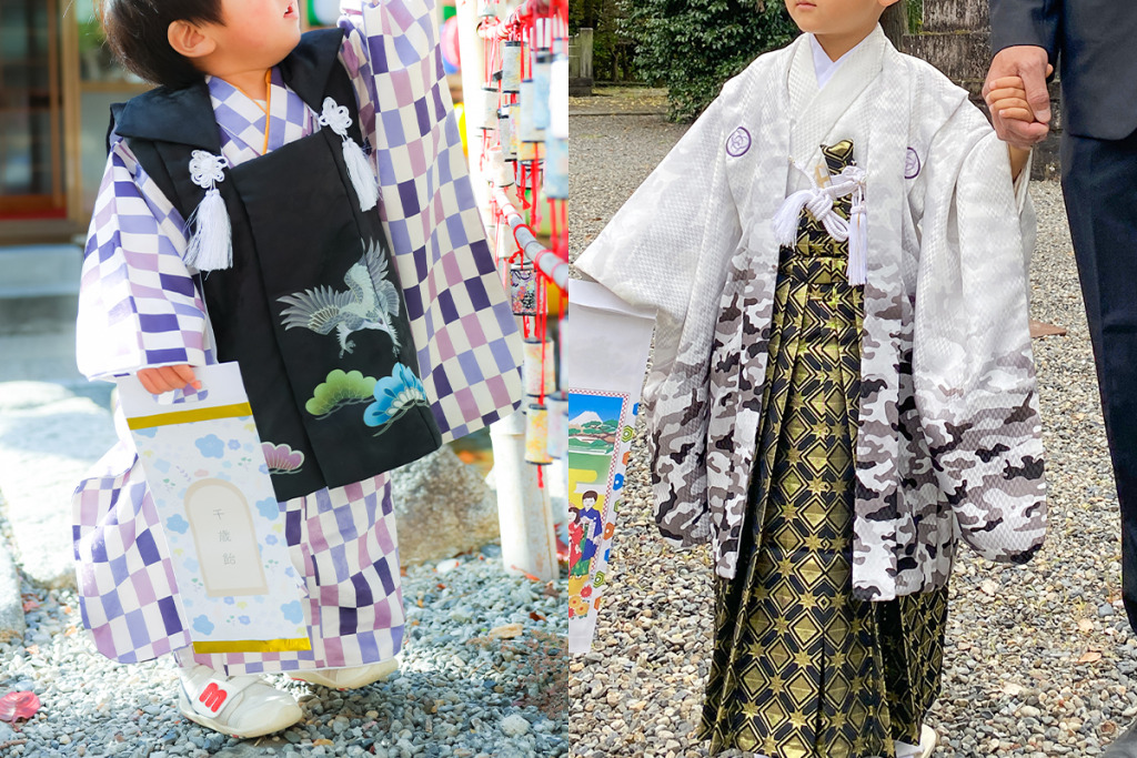 被布を着た男の子と羽織袴を着た男の子