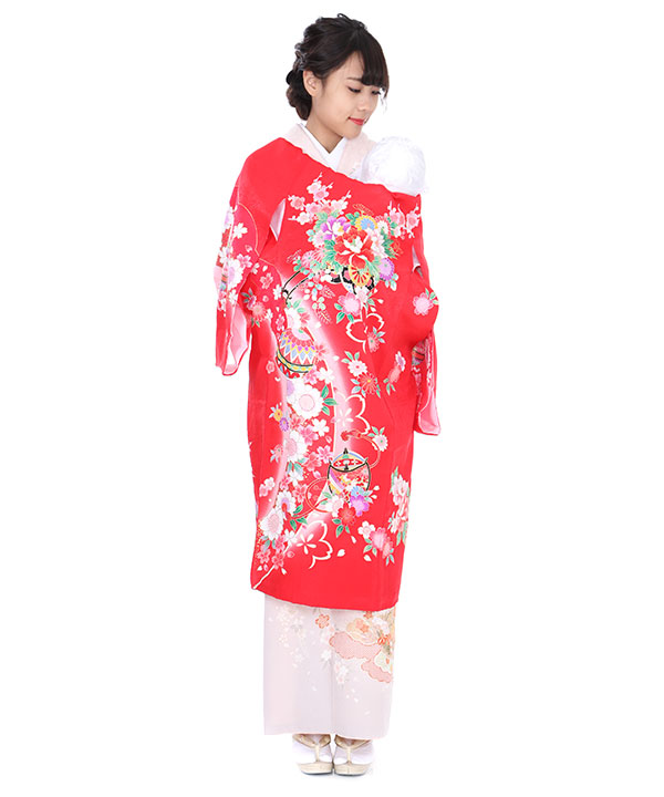 お宮参り産着｜赤地に花車と片雪輪｜U0025 女の子
