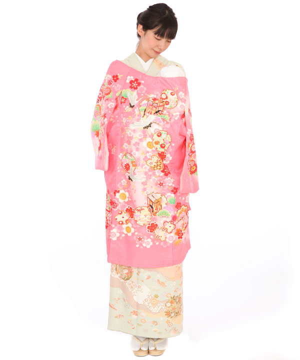 お宮参り産着｜ピンク地に鶴や御所車｜U0130 女の子
