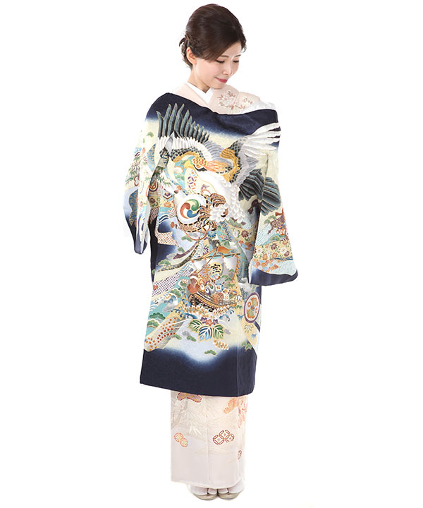 お宮参り産着｜紺地に鷹と宝船に束ね熨斗｜U0143 男の子