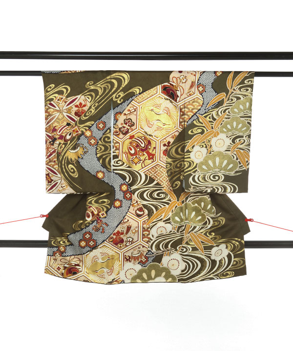 お宮参り産着｜茶緑に向い鶴 宝尽くし ｜U0268 男の子