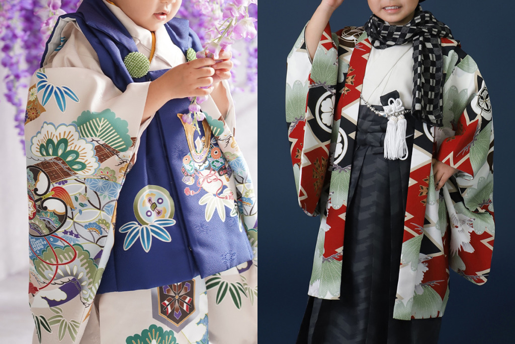 羽織袴を着た男の子と被布着物を着た男の子