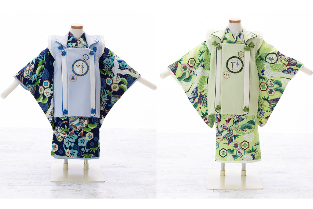 七五三(三歳)｜【乙葉】吉祥文様柄の紺着物×水色被布｜W-B-3-30七五三(三歳)｜【乙葉】吉祥文様柄の黄緑色着物×パステルグリーン被布｜W-B-3-31