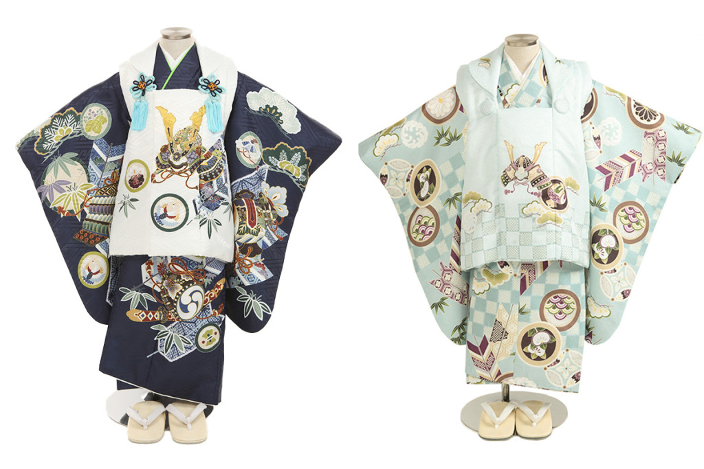 七五三(三歳)｜吉祥文様柄の水色着物×兜柄水色被布｜W-B-3-138