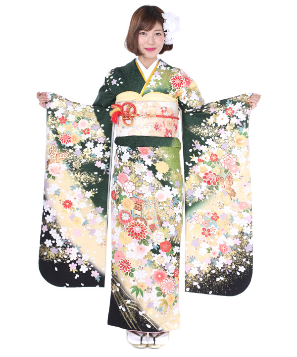 振袖｜深緑にぼかし御所車蝶｜F0240 M